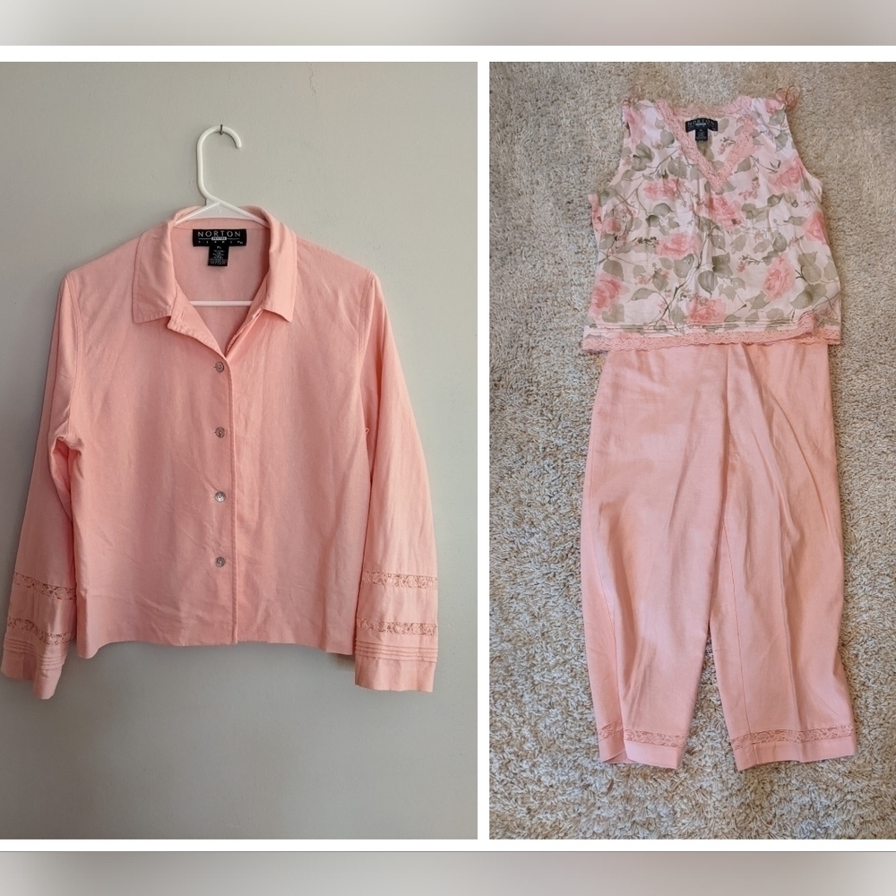 Norton Studios Linen Blend Pants, Shacket and Top Set Peachy Pink 10 Petite